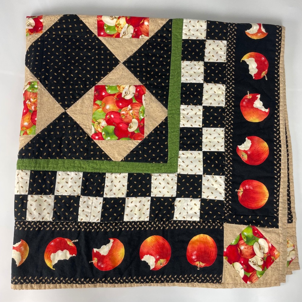 Handmade Autumn Patchwork Quilt Lap Apple Print Checkered Farmhouse Fall Fruit
